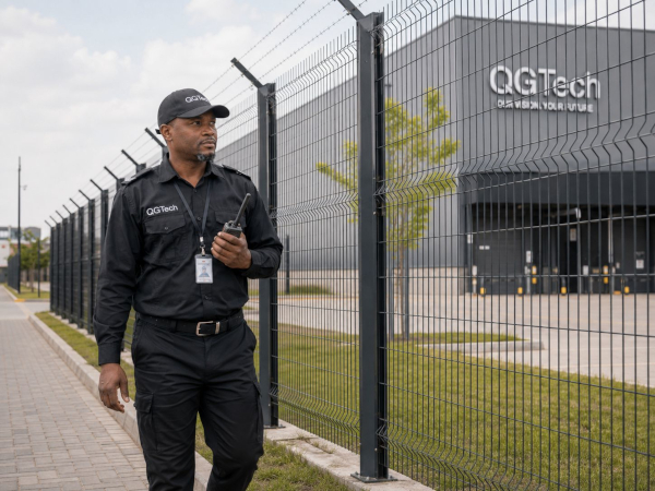 Security guard in QGTech uniform on perimeter patrol with walkie